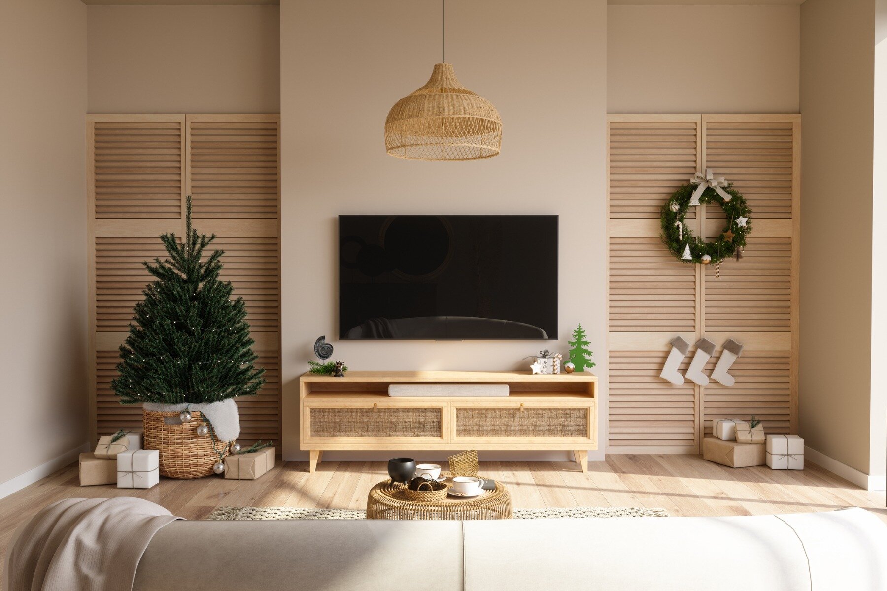 Wohnzimmer im Boho Stil mit weihnachtlicher Deko